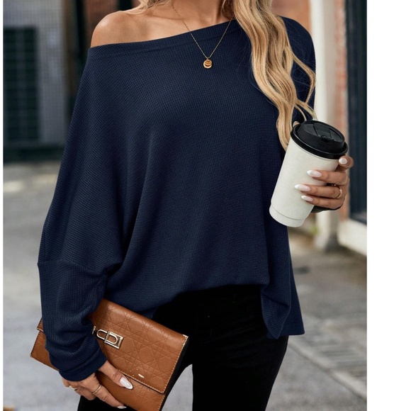 Solid Off Shoulder Loose Fit Waffle Long Sleeve Top - Picture 12 of 15